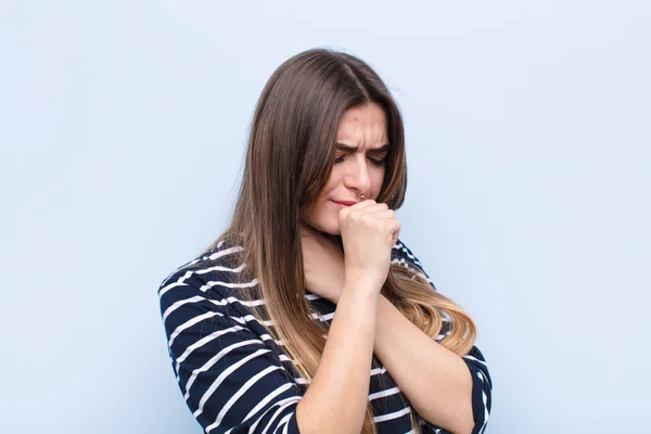 Young Pretty Woman Feeling Ill Sore Throat Flu Symptoms Coughing — Stock Photo, Image