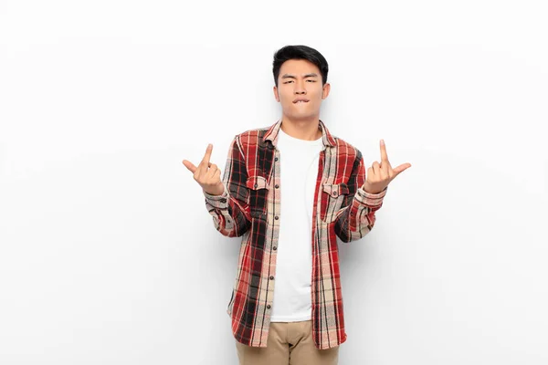 Young Chinese Man Feeling Provocative Aggressive Obscene Flipping Middle Finger — Stock Photo, Image