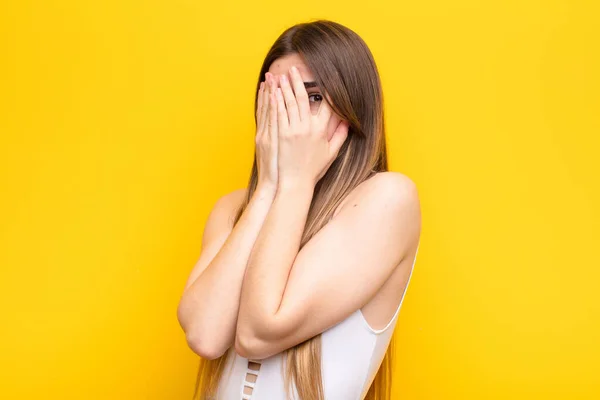 Young Pretty Woman Covering Face Hands Peeking Fingers Surprised Expression — Stock Photo, Image