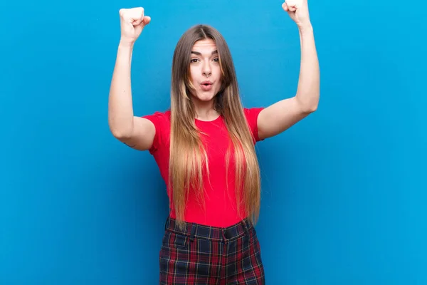 Young Pretty Woman Celebrating Unbelievable Success Winner Looking Excited Happy — Stock Photo, Image