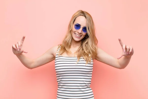 Young Pretty Blonde Woman Framing Outlining Own Smile Both Hands — Stock Photo, Image