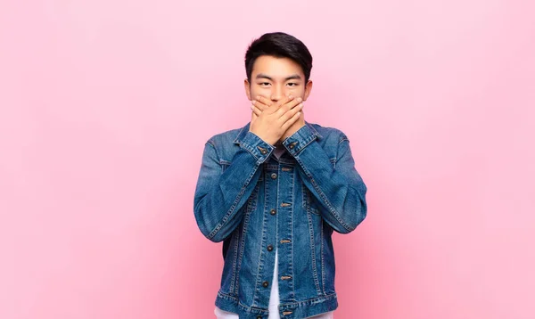 Young Chinese Man Covering Mouth Hands Shocked Surprised Expression Keeping — Stock Photo, Image
