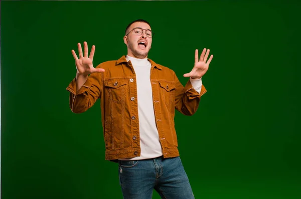 Young Handsome Man Feeling Stupefied Scared Fearing Something Frightening Hands — Stock Photo, Image