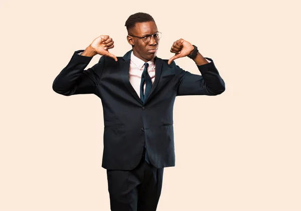 African American Businessman Looking Sad Disappointed Angry Showing Thumbs Disagreement — Stock Photo, Image