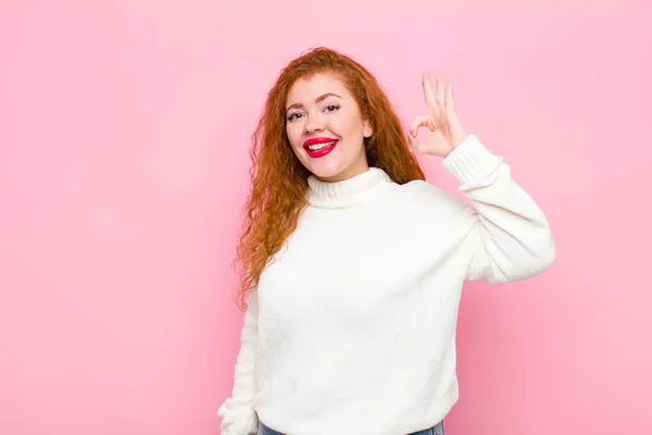 Young Red Head Woman Feeling Happy Relaxed Satisfied Showing Approval — 스톡 사진