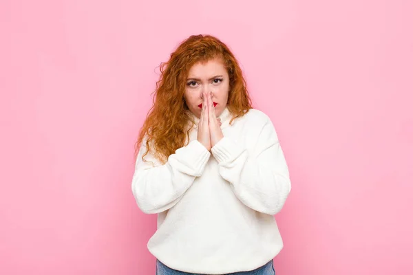 Young Red Head Woman Feeling Worried Hopeful Religious Praying Faithfully — 스톡 사진