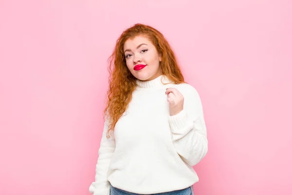 Young Red Head Woman Looking Arrogant Successful Positive Proud Pointing — Stock Photo, Image