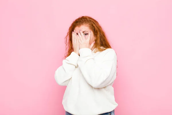 Young Red Head Woman Feeling Scared Embarrassed Peeking Spying Eyes — 스톡 사진