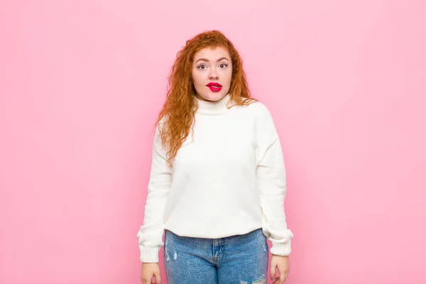 Young Red Head Woman Looking Puzzled Confused Biting Lip Nervous — Stock Photo, Image