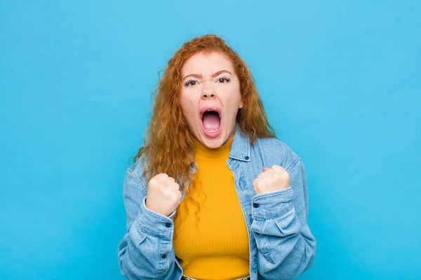 Young Red Head Woman Shouting Aggressively Annoyed Frustrated Angry Look — Stock Photo, Image