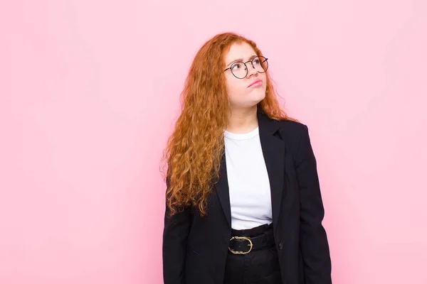 Young Red Head Woman Worried Confused Clueless Expression Looking Copy — Stock Photo, Image