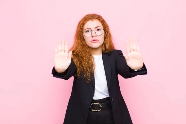 Young Red Head Woman Looking Serious Unhappy Angry Displeased Forbidding — Stock Photo, Image