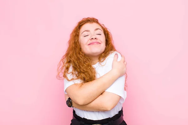 Young Red Head Woman Feeling Love Smiling Cuddling Hugging Self — 스톡 사진