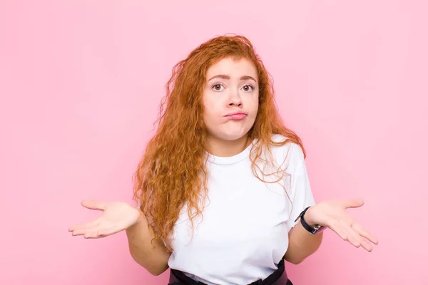 Young Red Head Woman Feeling Puzzled Confused Unsure Correct Answer — Stock Photo, Image