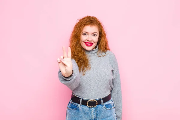Young Red Head Woman Smiling Looking Happy Carefree Positive Gesturing — 스톡 사진