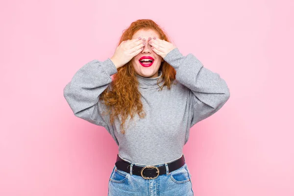 Young Red Head Woman Smiling Feeling Happy Covering Eyes Both — 스톡 사진