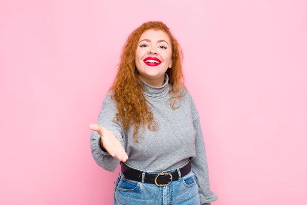 Young Red Head Woman Smiling Looking Happy Confident Friendly Offering — 스톡 사진