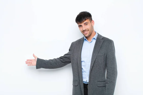Young Handsome Man Feeling Happy Cheerful Smiling Welcoming You Inviting — Stock Photo, Image