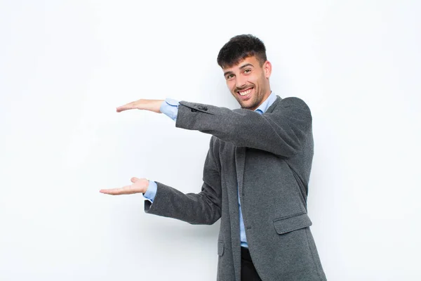 Young Handsome Man Smiling Feeling Happy Positive Satisfied Holding Showing — Stock Photo, Image