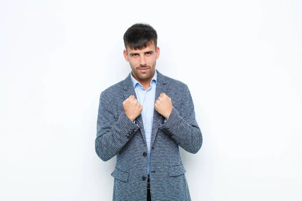 Young Handsome Man Looking Confident Angry Strong Aggressive Fists Ready — Stock Photo, Image