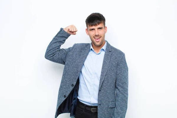 Young Handsome Man Feeling Happy Satisfied Powerful Flexing Fit Muscular — Stock Photo, Image