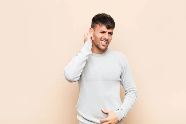 Young Handsome Man Feeling Stressed Frustrated Tired Rubbing Painful Neck — Stock Photo, Image