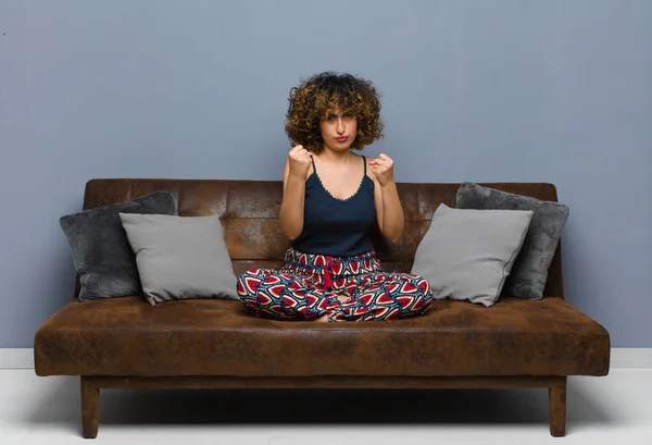 Young Pretty Woman Looking Confident Angry Strong Aggressive Fists Ready — Stock Photo, Image