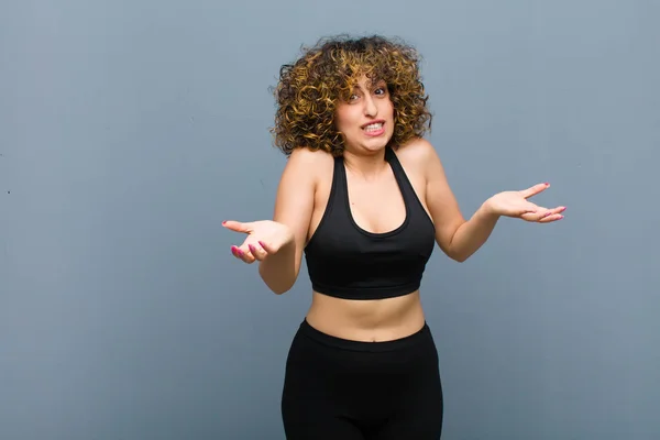 Young Sports Woman Feeling Clueless Confused Sure Which Choice Option — Stock Photo, Image