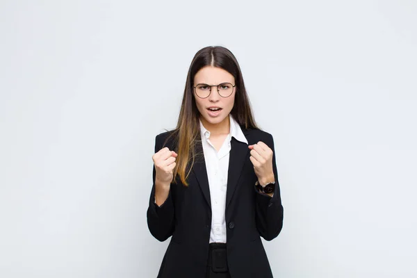 Young Businesswoman Shouting Aggressively Annoyed Frustrated Angry Look Tight Fists — 스톡 사진