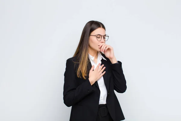 Jovem Empresária Sentindo Mal Com Uma Dor Garganta Sintomas Gripe — Fotografia de Stock