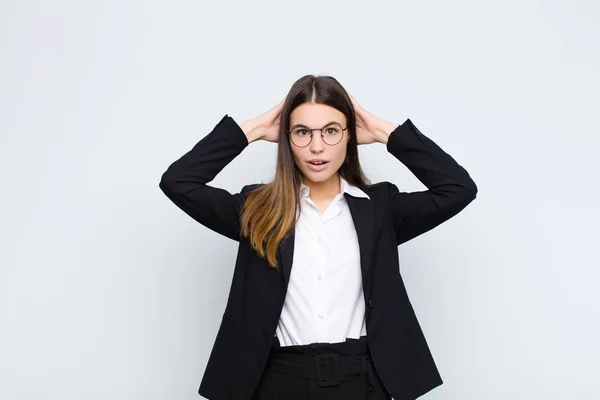 Young Businesswoman Looking Excited Surprised Open Mouthed Both Hands Head — 스톡 사진