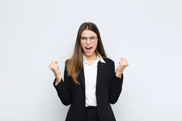 Young Businesswoman Shouting Aggressively Angry Expression Fists Clenched Celebrating Success — 스톡 사진