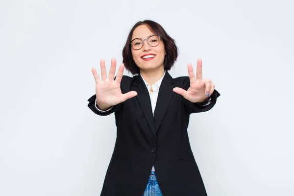 Young Businesswoman Smiling Looking Friendly Showing Number Eight Eighth Hand — 스톡 사진