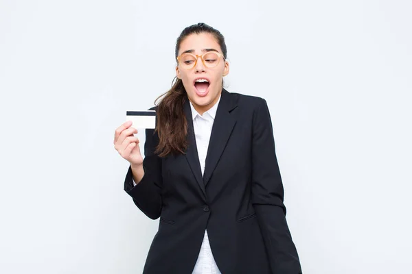 Young Businesswoman Looking Very Shocked Surprised Staring Open Mouth Saying — Stock Photo, Image