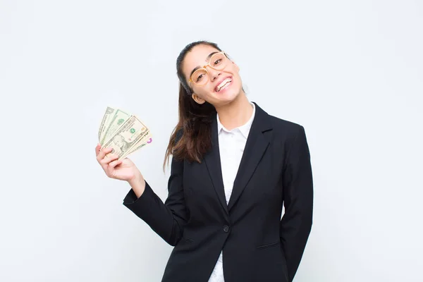 Jovem Empresária Olhando Feliz Agradavelmente Surpreso Animado Com Uma Expressão — Fotografia de Stock