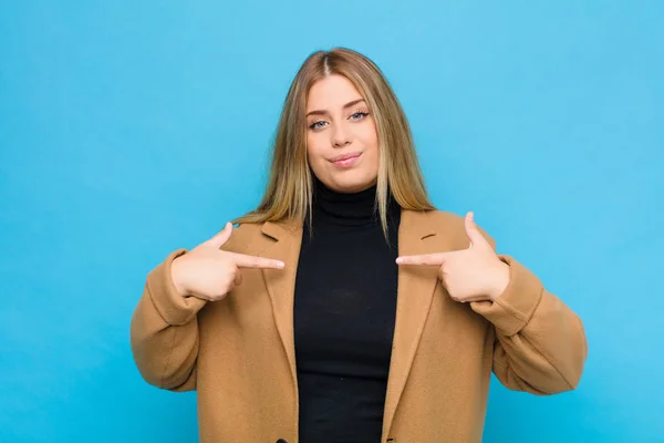 Young Blonde Woman Looking Proud Positive Casual Pointing Chest Both — 스톡 사진