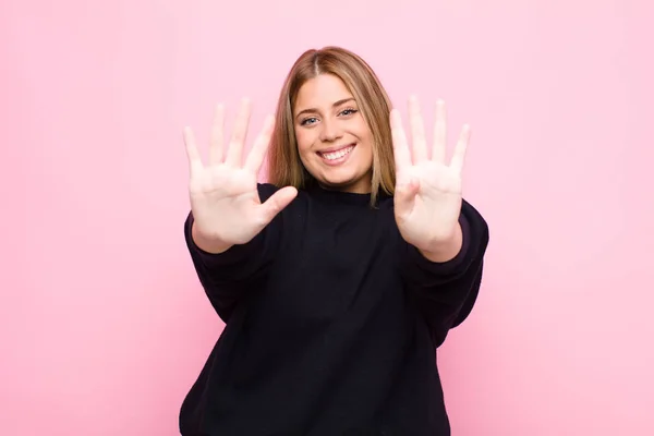 Young Blonde Woman Smiling Looking Friendly Showing Number Nine Ninth — Stock Photo, Image