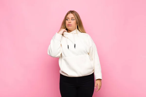 Young Blonde Woman Feeling Stressed Anxious Tired Frustrated Pulling Shirt — ストック写真