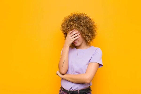 Young Afro Woman Looking Stressed Ashamed Upset Headache Covering Face — ストック写真