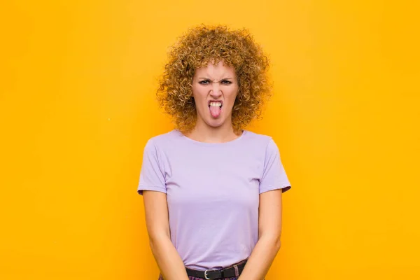 Young Afro Woman Feeling Disgusted Irritated Sticking Tongue Out Disliking — ストック写真