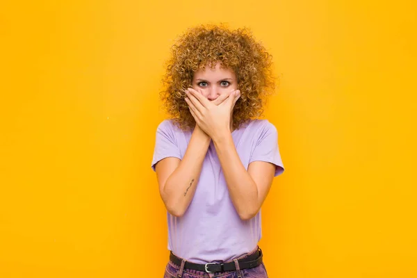 Young Afro Woman Covering Mouth Hands Shocked Surprised Expression Keeping — 스톡 사진