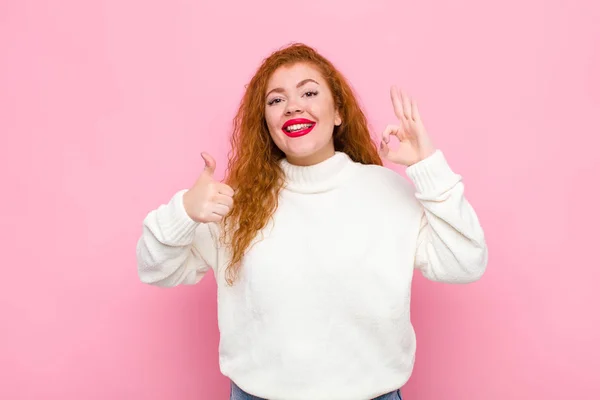 Young Red Head Woman Feeling Happy Amazed Satisfied Surprised Showing — Stock Photo, Image