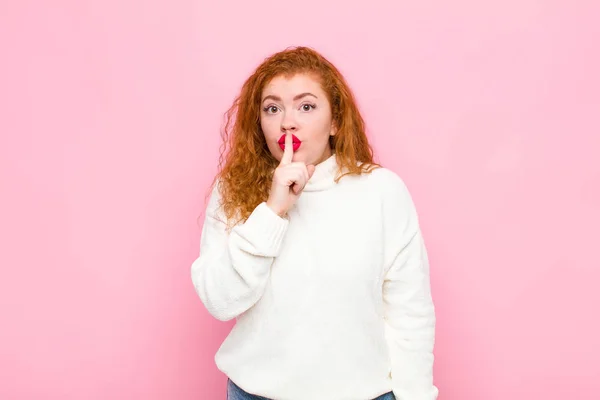 Young Red Head Woman Asking Silence Quiet Gesturing Finger Front — 스톡 사진