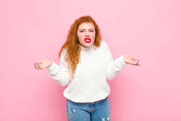 Young Red Head Woman Feeling Clueless Confused Sure Which Choice — 스톡 사진