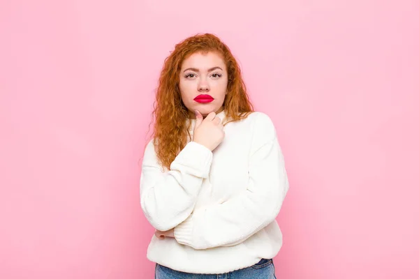 Young Red Head Woman Looking Serious Confused Uncertain Thoughtful Doubting — Stock Photo, Image