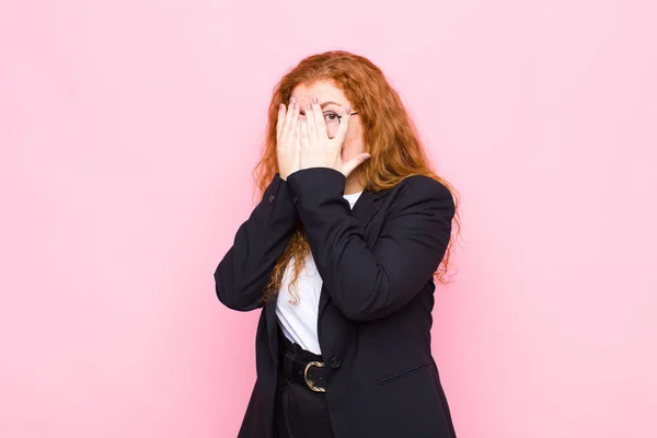 Young Red Head Woman Covering Face Hands Peeking Fingers Surprised — 스톡 사진