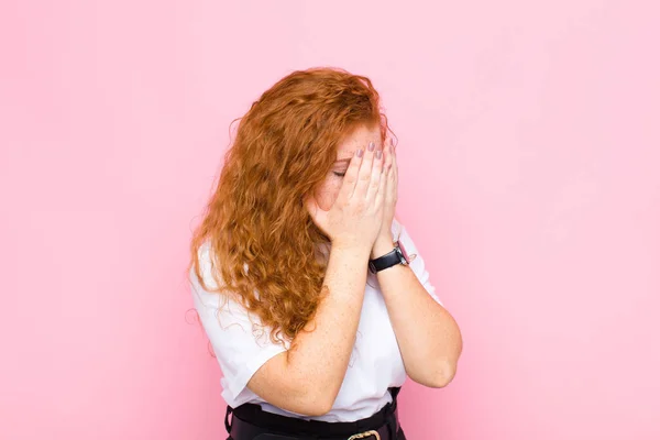 Young Red Head Woman Covering Eyes Hands Sad Frustrated Look — 스톡 사진