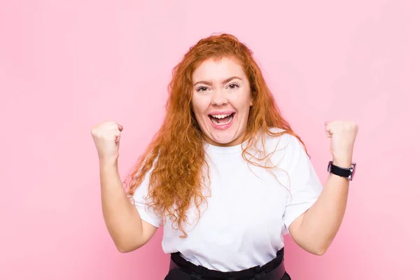 Young Red Head Woman Feeling Happy Positive Successful Celebrating Victory — Stock Photo, Image