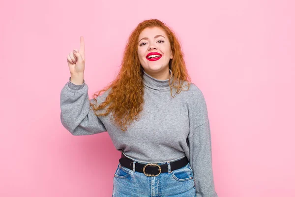 Young Red Head Woman Smiling Cheerfully Happily Pointing Upwards One — 스톡 사진