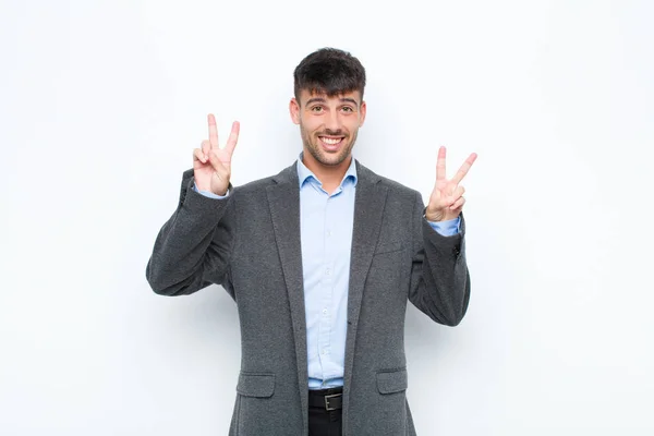 Young Handsome Man Smiling Looking Happy Friendly Satisfied Gesturing Victory — Stock Photo, Image